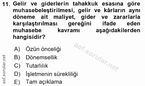 11. soru: Gelir ve giderlerin tahakkuk esasına göre muhasebeleştirilmesi, gelir ve kârların aynı döneme ait maliyet, gider ve z…