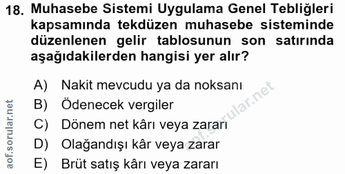 18. soru: Muhasebe Sistemi Uygulama Genel Tebliğleri kapsamında tekdüzen muhasebe sisteminde düzenlenen gelir tablosunun son sa…