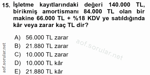 15. soru: İşletme kayıtlarındaki değeri 140.000 TL, 140.000 TL, birikmiş amortismanı 84.000 TL olan bir makine 66.000 TL + %18…