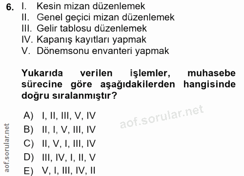 6. soru: I. Kesin mizan düzenlemek Il. Genel geçici mizan düzenlemek IlI. Gelir tablosu düzenlemek IV. Kapanış kayıtları yapma…