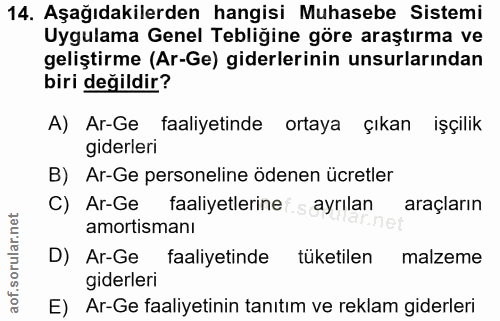 14. soru: Aşağıdakilerden hangisi Muhasebe Sistemi Uygulama Genel Tebliğine göre araştırma ve geliştirme (Ar-Ge) giderlerinin u…