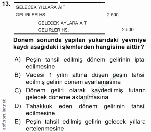 13. soru: GELECEK YILLARA AIT GELIRLER HS. 2,500 GELECEK AYLARA AIT GELIRLER HS. 2.500 Dönem sonunda yapılan yukarıdaki yevmiye…