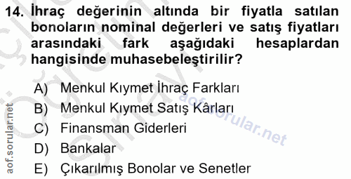 14. soru: Ihraç değerinin altında bir fiyatla satılan bonoların nominal değerleri ve satış fiyatları arasındakifark aşağıdaki h…
