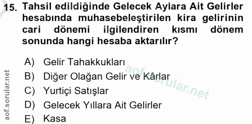 15. soru: Tahsil edildiğinde Gelecek Aylara Ait Gelirler hesabında muhasebeleştirilen kira gelirinin cari dönemi ilgilendiren k…