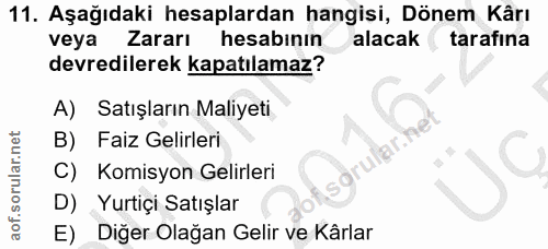 11. soru: Aşağıdaki hesaplardan hangisi, Dönem Kârı veya Zararı hesabinın alacak (tarafina devredilerek kapatılamaz? A) Satışla…