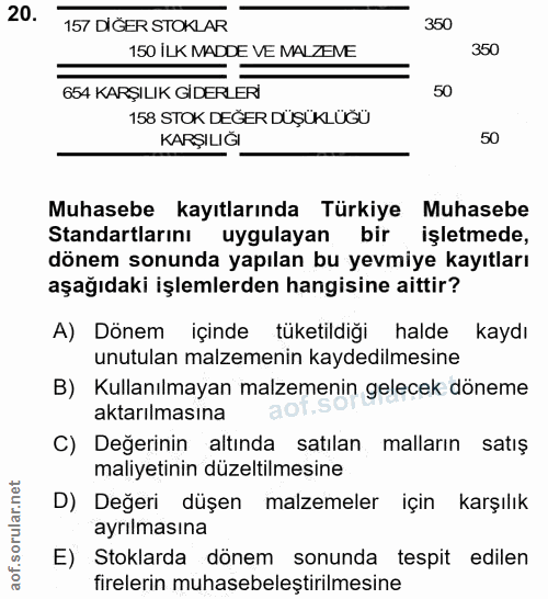 20. soru: 157 DIĞER STOKLAR 350 150 İLK MADDE VE MALZEME 350 654 KARŞILIK GIDERLERI 50 158 STOK DEĞER DUŞÜKLUĞU KARŞILIĞI 50 Mu…