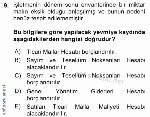 9. soru: İşletmenin dönem sonu envanterinde bir miktar malın eksik olduğu anlaşılmış ve bunun nedeni henüz tespit edilememişti…