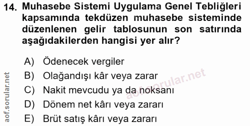 14. soru: Muhasebe Sistemi Uygulama Genel Tebliğleri kapsamında tekdüzen muhasebe sisteminde düzenlenen gelir tablosunun son sa…
