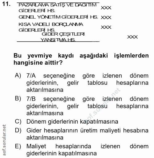 11. soru: PAZARLAMA SATİŞ VE DAGITIM XXX GİDERLERİ HS. GENEL YONETİM GIDERLERI HS. XXX KISA VADELI BORÇLANMA xxx GIDER ERIDER C…