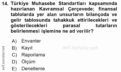 14. soru: Türkiye Muhasebe Standartları kapsamında hazırlanan Kavramsal Çerçevede; finansal tablolarda yer alan unsurların bila…