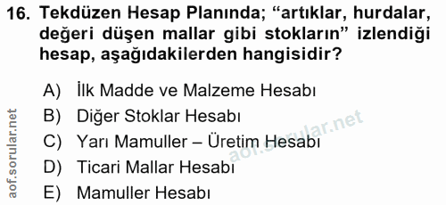 16. soru: Tekdüzen Hesap Planında; "artıklar, hurdalar, değeri düşen mallar gibi stokların" izlendiği hesap, aşağıdakilerden ha…
