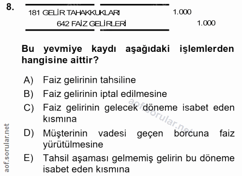 8. soru: có 181 GELİR TAHAKKUKLARI 1.000 642 FAİZ GELİRLERİ 1.000 Bu yevmiye kaydı aşağıdaki işlemlerden hangisine aittir? A)…