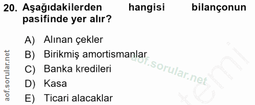 20. soru: Aşağıdakilerden hangisi bilançonun pasifinde yer alır? A) Alınan çekler B) Birikmiş amortismanlar C) Banka kredileri…