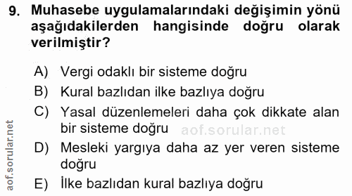 9. soru: Muhasebe uygulamalarındaki değişimin yönü aşağıdakilerden hangisinde doğru olarak verilmiştir? A) Vergi odaklı bir si…