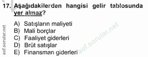 17. soru: Aşağıdakilerden hangisi gelir tablosunda yer almaz? A) Satışların maliyeti B) Mali borçlar C) Faaliyet giderleri E) F…