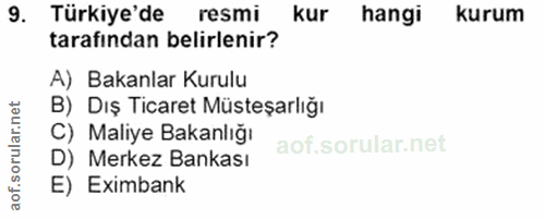 9. soru: Türkiye'de resmi kur hangi kurum tarafından belirlenir? A) Bakanlar Kurulu B) Dış Ticaret Müsteşarlığı C) Maliye Baka…