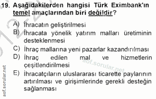 19. soru: Aşağıdakilerden hangisi Türk Eximbank'ın temel amaçlarından biri değildir? A) İhracatın geliştirilmesi B) İhracata yö…