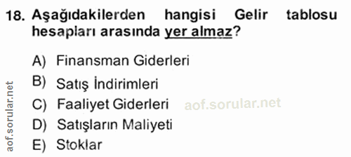 18. soru: Aşağıdakilerden hangisi Gelir tablosu hesapları arasında yer almaz? A) Finansman Giderleri B) Satış Indirimleri C) Fa…