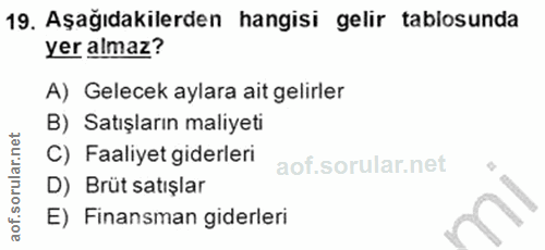 19. soru: Aşağıdakilerden hangisi gelir tablosunda yer almaz? A) Gelecek aylara ait gelirler B) Satışların maliyeti C) Faaliyet…