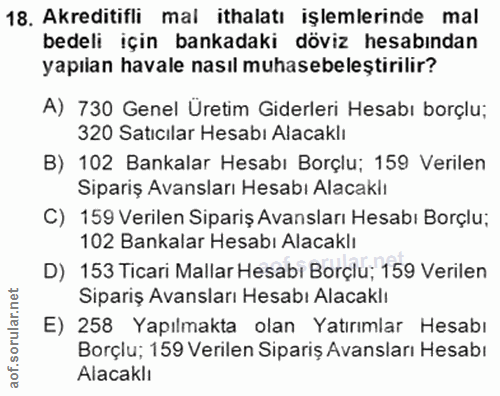 18. soru: Akreditifli mal ithalatı işlemlerinde mal bedeli için bankadaki döviz hesabından yapılan havale nasıl muhasebeleştiri…