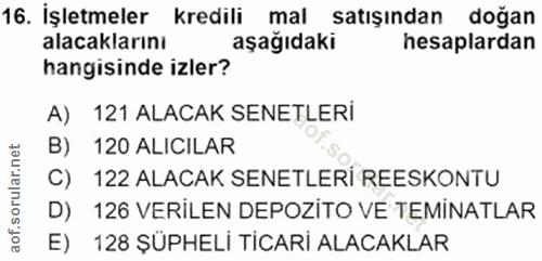 16. soru: İşletmeler kredili mal satışından doğan alacaklarını aşağıdaki hesaplardan hangisinde izler? A) 121 ALACAK SENETLERİ…