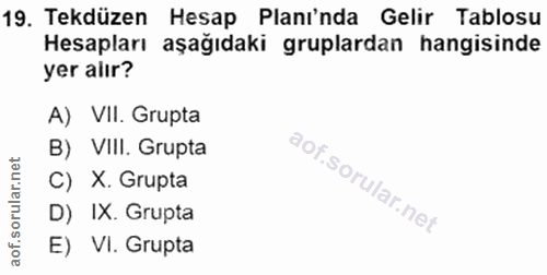 19. soru: Tekdüzen Hesap Planı'nda Gelir Tablosu Hesapları aşağıdaki gruplardan hangisinde yer alır? A) VII. Grupta B) VIlI. Gr…