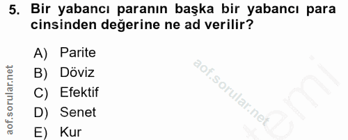 5. soru: Bir yabancı paranın başka bir yabancı para cinsinden değerine ne ad verilir? A) Parite B) Döviz C) Efektif D) Senet E…
