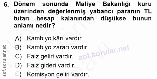 6. soru: Dönem sonunda Maliye Bakanlığı kuru üzerinden değerlenmiş yabancı paranın TL tutarı hesap • kalanından düşükse bunun…