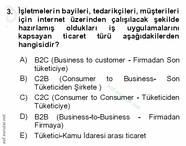 3. soru: İşletmelerin bayileri, tedarikçileri, müşterileri için internet üzerinden çalışılacak şekilde hazırlamış oldukları iş…