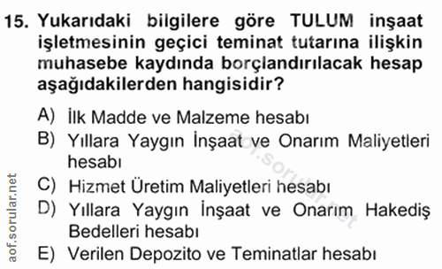 15. soru: Yukarıdaki bilgilere göre TULUM inşaat işletmesinin geçici teminat tutarına ilişkin muhasebe kaydında borçlandırılaca…