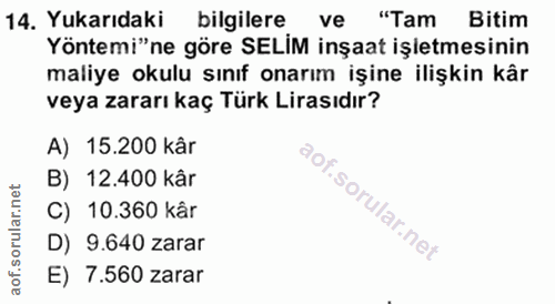 14. soru: Yukarıdaki bilgilere ve "Tam Bitim Yöntemi"ne göre SELIM inşaat işletmesinin maliye okulu sınıf onarım işine ilişkin…