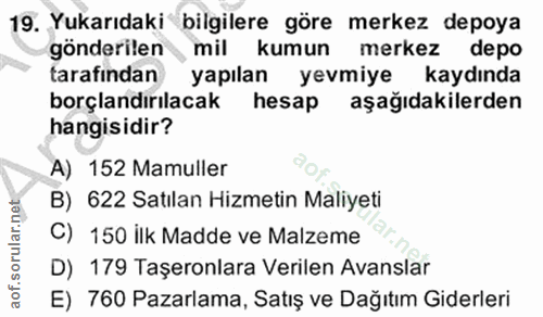 19. soru: Yukarıdaki bilgilere göre merkez depoya gönderilen mil kumun merkez depo tarafından yapılan yevmiye kaydında borçland…