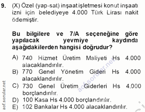 9. soru: (X) Özel (yap-sat) inşaat işletmesi konut inşaatı izni için belediyeye 4.000 Türk Lirası nakit ödemiştir. Bu bilgiler…