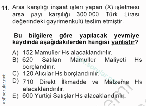 11. soru: Arsa karşılığı inşaat işleri yapan (X) işletmesi arsa payı karşılığı 300.000 Türk Lirası değerindeki gayrimenkulü tes…