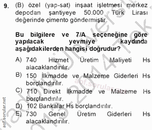 9. soru: (B) özel (yap-sat) inşaat işletmesi merkez depodan şantiyeye 50.000 g Türk Lirası degerinde çimento göndermiştir. Bu…