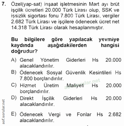 7. soru: Özel(yap-sat) inşaat işletmesinin Mart ayı brut işçilik ücretleri 20.000 Türk Lirası olup, SSK ve işsizlık sigortası…