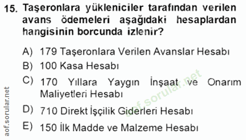 15. soru: Taşeronlara yükleniciler tarafından verilen avans ödemeleri aşağıdaki hesaplardan hangisinin borcunda izlenir? A) 179…