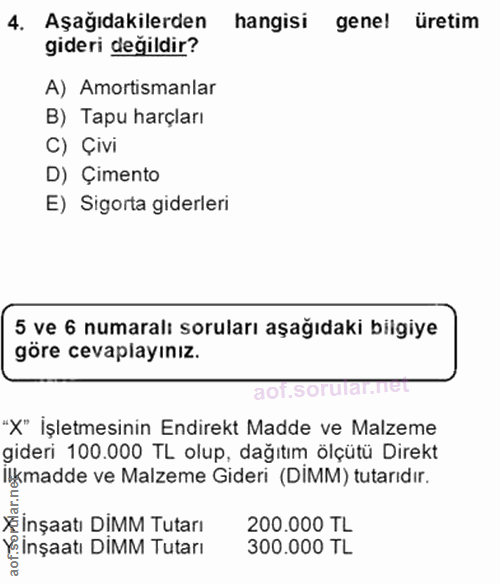 4. soru: Aşağıdakilerden hangisi gene! üretim gideri değildir? A) Amortismanlar B) Tapu harçları C) Çivi D) Çimento E) Sigorta…