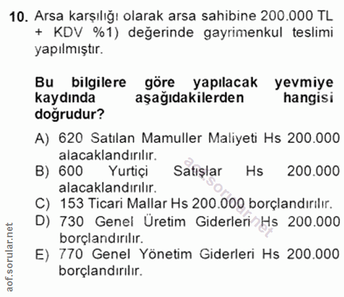 10. soru: Arsa karşılığı olarak arsa sahibine 200.000 TL + KDV %1) değerinde gayrimenkul teslimi yapılmıştır. Bu bilgilere göre…