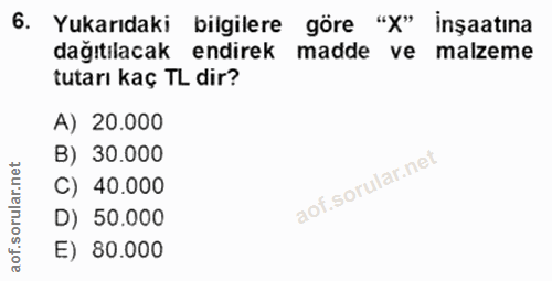 6. soru: Yukarıdaki bilgilere göre "X" inşaatına dağıtılacak endirek madde ve malzeme tutarı kaç TL dir? A) 20.000 B) 30.000 C…