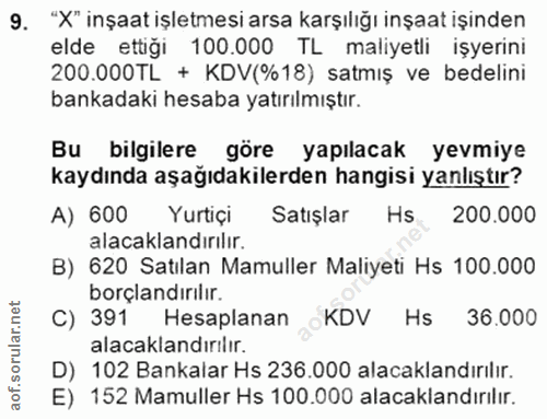 9. soru: "X" inşaat işletmesi arsa karşılığı inşaat işinden elde ettiği 100.000 TL maliyetli işyerini 200.000TL + KDV(%18) sat…