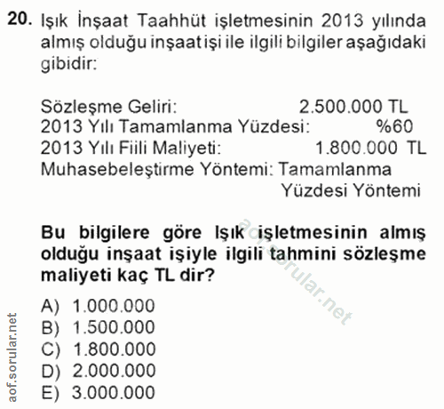 20. soru: Işık İnşaat Taahhüt işletmesinin 2013 yılında almış olduğu inşaatışı ile ilgilı bilgiler aşağıdakı gibidir: Sözleşme…