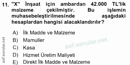 11. soru: "X" İnşaat için ambardan 42.000 TL'lik malzeme çekilmiştir. Bu işlemin muhasebeleştirilmesinde aşağıdaki hesaplardan…