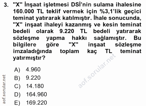 3. soru: "X" İnşaat işletmesi DSl'nin sulama ihalesine 160.000 TL teklif vermek için %3,1'lik geçici teminat yatırarak katılmı…