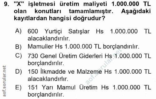 9. soru: "X" işletmesi üretim maliyeti 1.000.000 TL olan konutları tamamlamıştır. Aşağıdaki kayıtlardan hangisi doğrudur? A) 6…