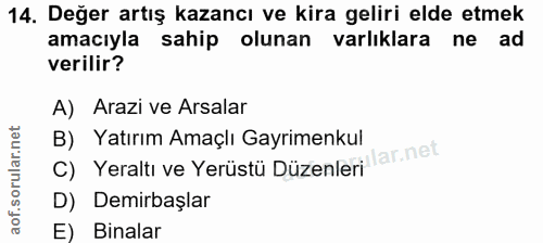 14. soru: Değer artış kazancı ve kira geliri elde etmek amacıyla sahip olunan varlıklara ne ad verilir? A) Arazi ve Arsalar C)…