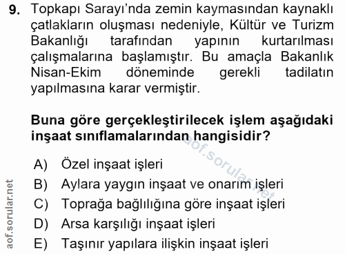 9. soru: Topkapı Sarayı'nda zemin kaymasından kaynaklı çatlakların oluşması nedeniyle, Kültür ve Turizm Bakanlığı tarafından y…