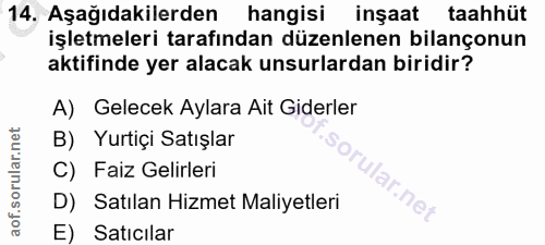 14. soru: Aşağıdakilerden hangisi inşaat taahhüt işletmeleri tarafından düzenlenen bilançonun aktifinde yer alacak unsurlardan…