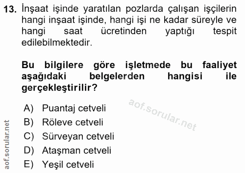 13. soru: Inşaat işinde yaratılan pozlarda çalışan işçilerin hangi inşaat işinde, hangi işi ne kadar süreyle ve hangi saat ücre…