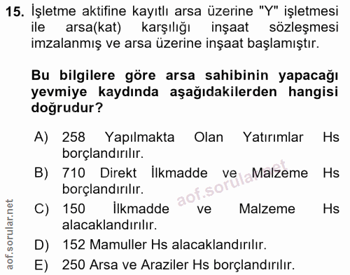 15. soru: İşletme aktifine kayıtlı arsa üzerine "Y" işletmesi ile arsa(kat) karşılığı inşaat sözleşmesi imzalanmış ve arsa üzer…